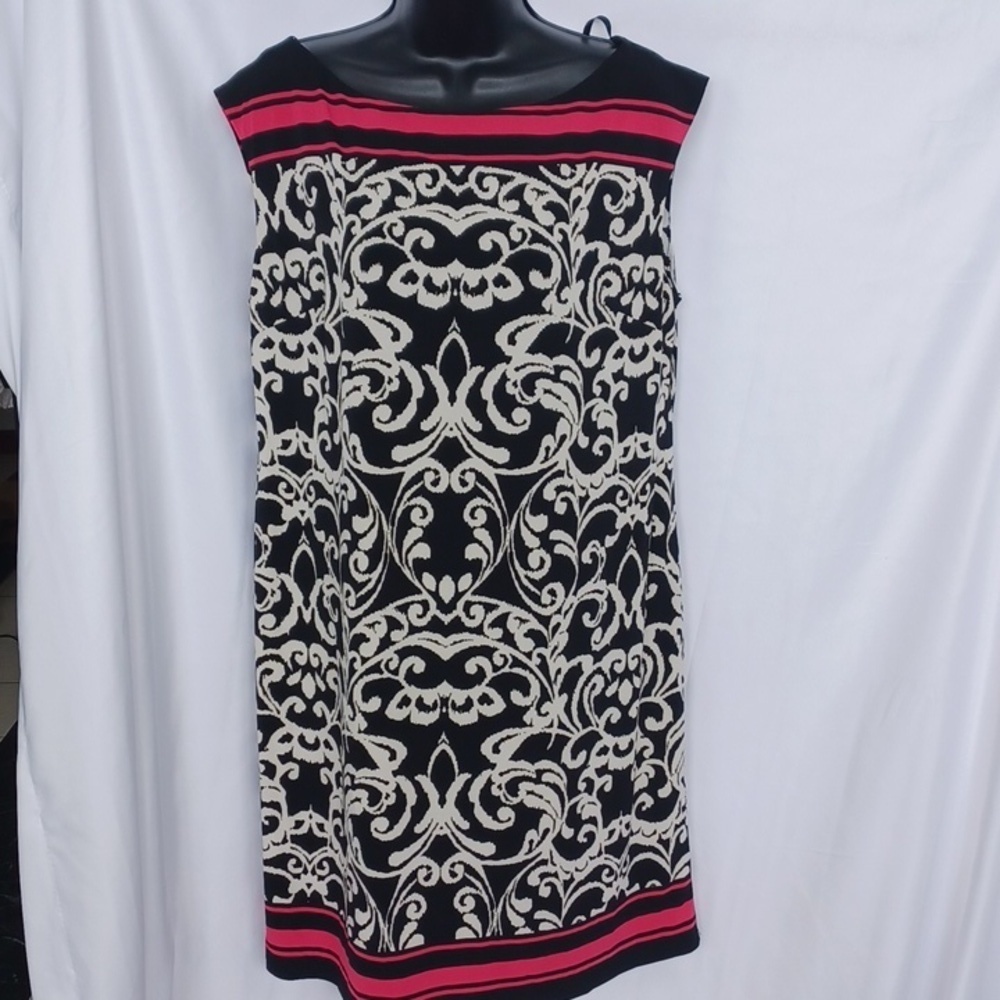 Jessica Howard Sleeveless Dress Size L Black White Pink Stretch Packable Travel